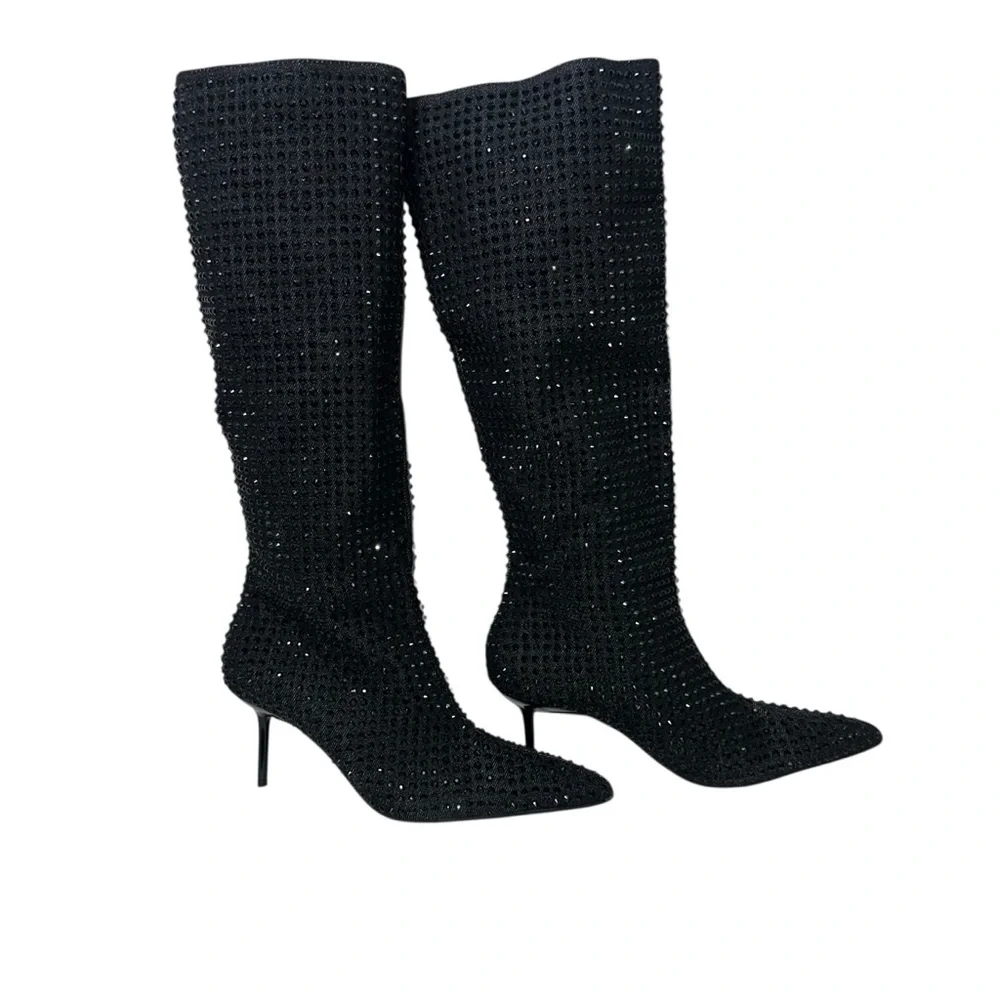 Zara Black Pointed Toe Rhinestone heeled knee high boo Size 39